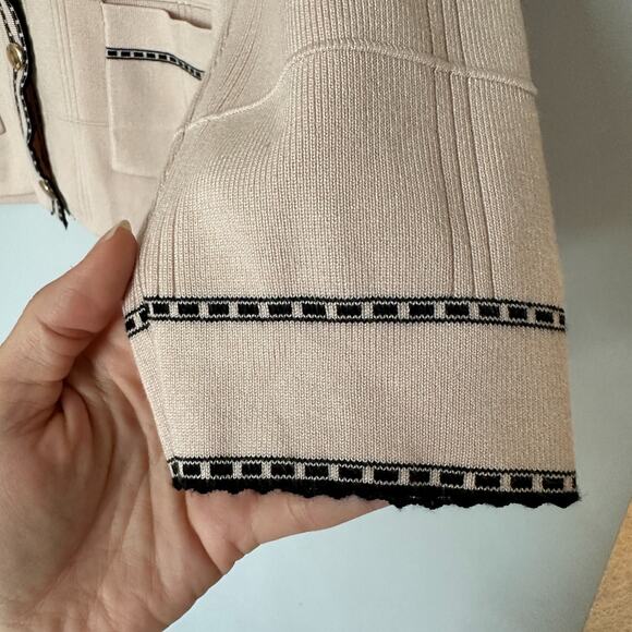 Adrianna Papell Check Tipped Cardigan Womens Medium Button Front Tan Old Money - Picture 4 of 9